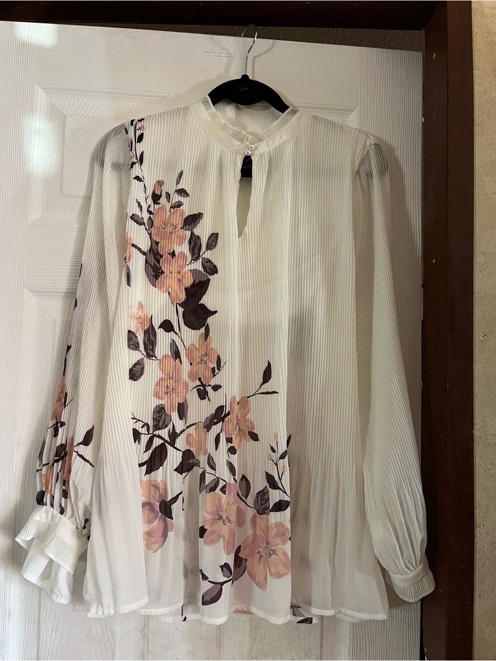Midnight Velvet White Pleated Floral Print Blouse Mock Neck Size XL Like New